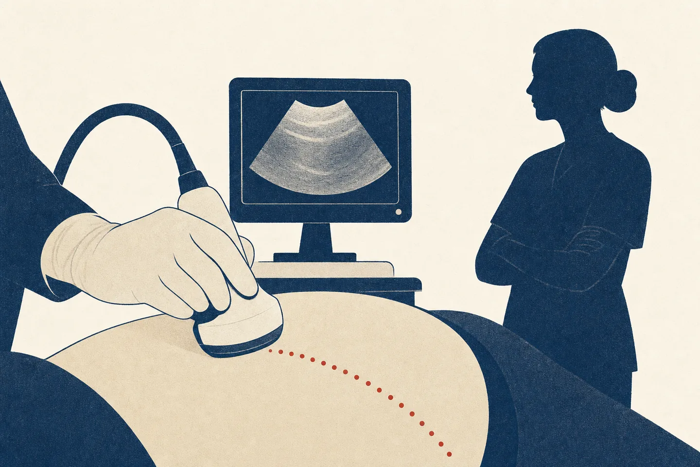 Editorial illustration: a gloved hand guides an ultrasound probe along a dotted path across a rounded abdomen while an expert sonographer watches from behind.