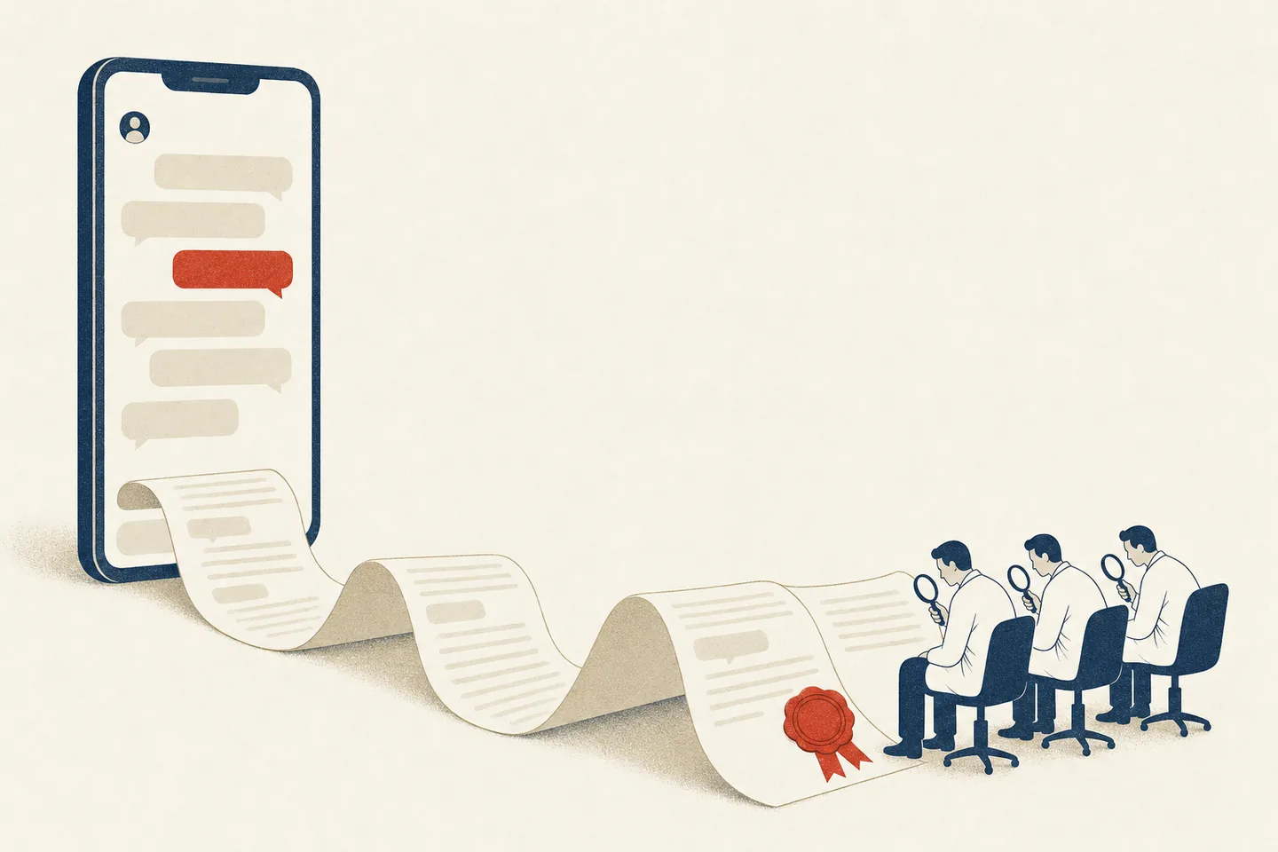 Editorial illustration: a long chat transcript unspools from a smartphone, and at its far end three identical doctors in white coats study it through magnifying glasses.