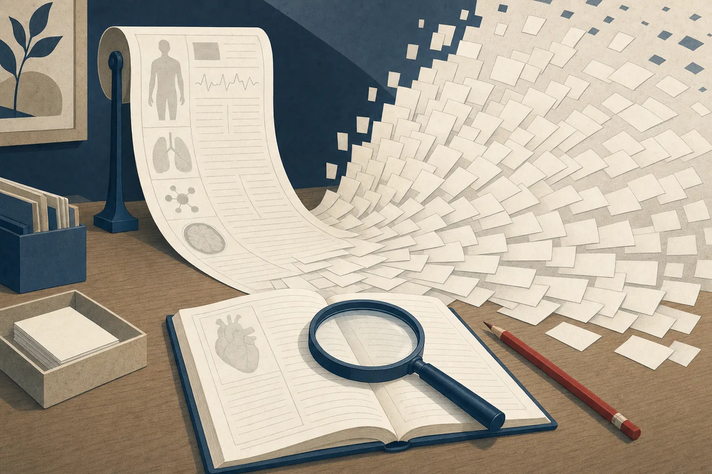 Editorial illustration: a long paper medical record unrolls across a desk and fans out into hundreds of small blank disease cards, while a magnifying glass rests on a single journal page beside a red editor’s pencil.