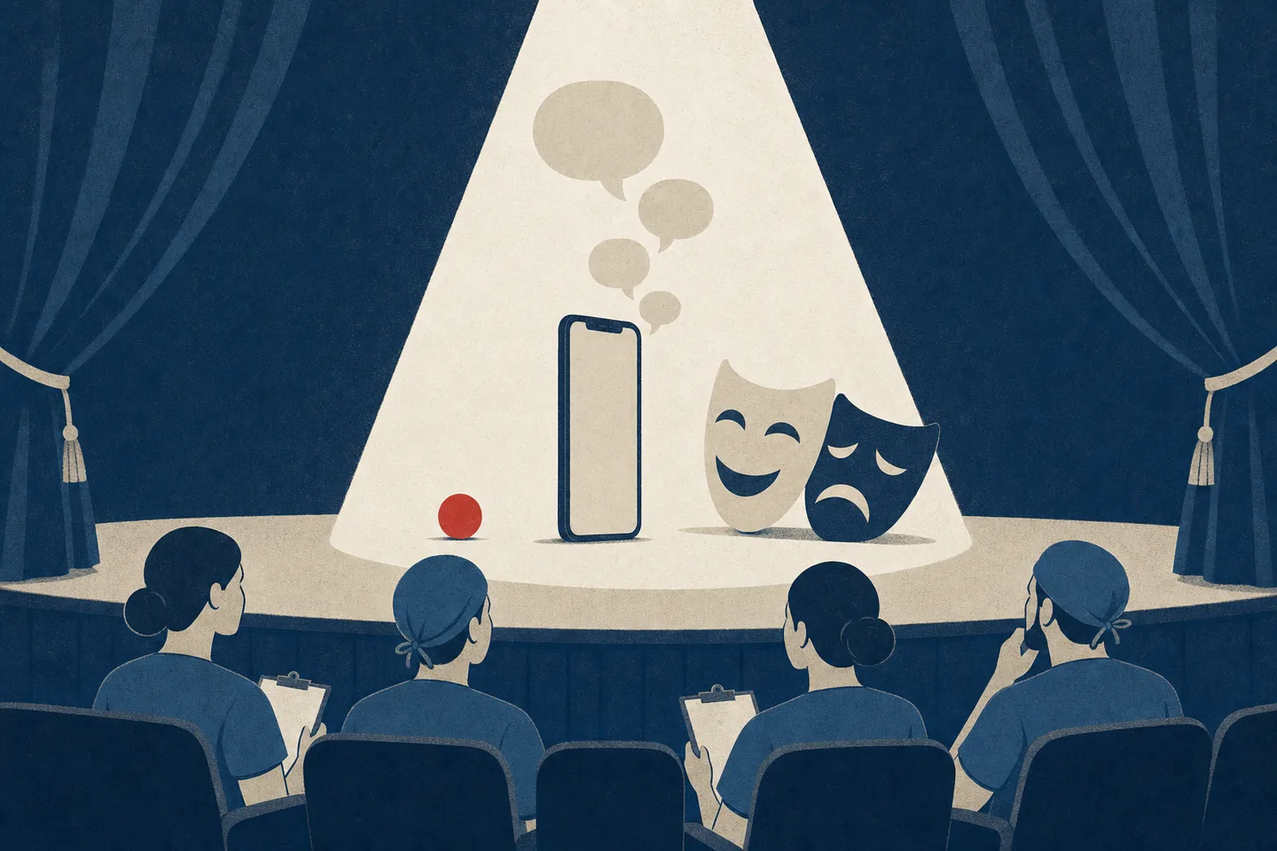 Editorial illustration: a smartphone stands alone in a theatre spotlight beside comedy and tragedy masks, watched from the front row by figures in nurse scrubs holding clipboards.