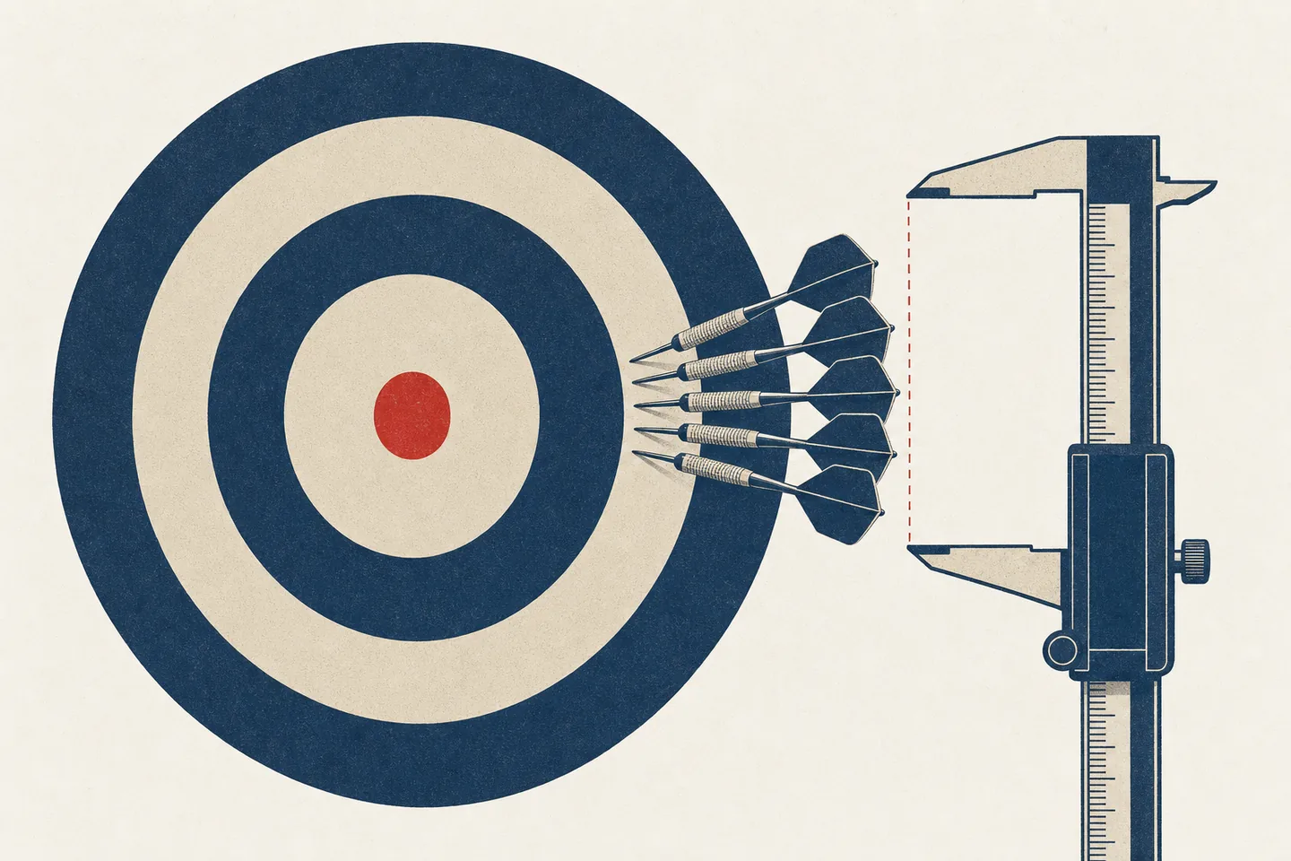Editorial illustration: five darts stuck in a tight cluster near the outer ring of a target, the bullseye left empty, with calipers measuring the width of the cluster rather than its distance from the centre.