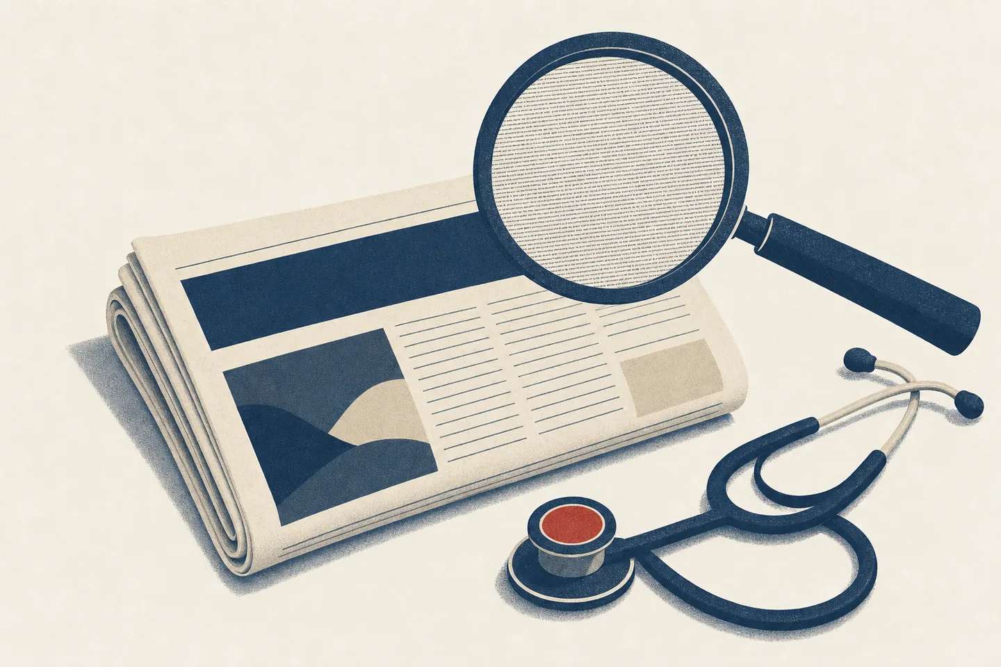 Editorial illustration: a folded newspaper with a blank headline bar; a magnifying glass held above it reveals dense fine print where the headline is, with a stethoscope coiled alongside.