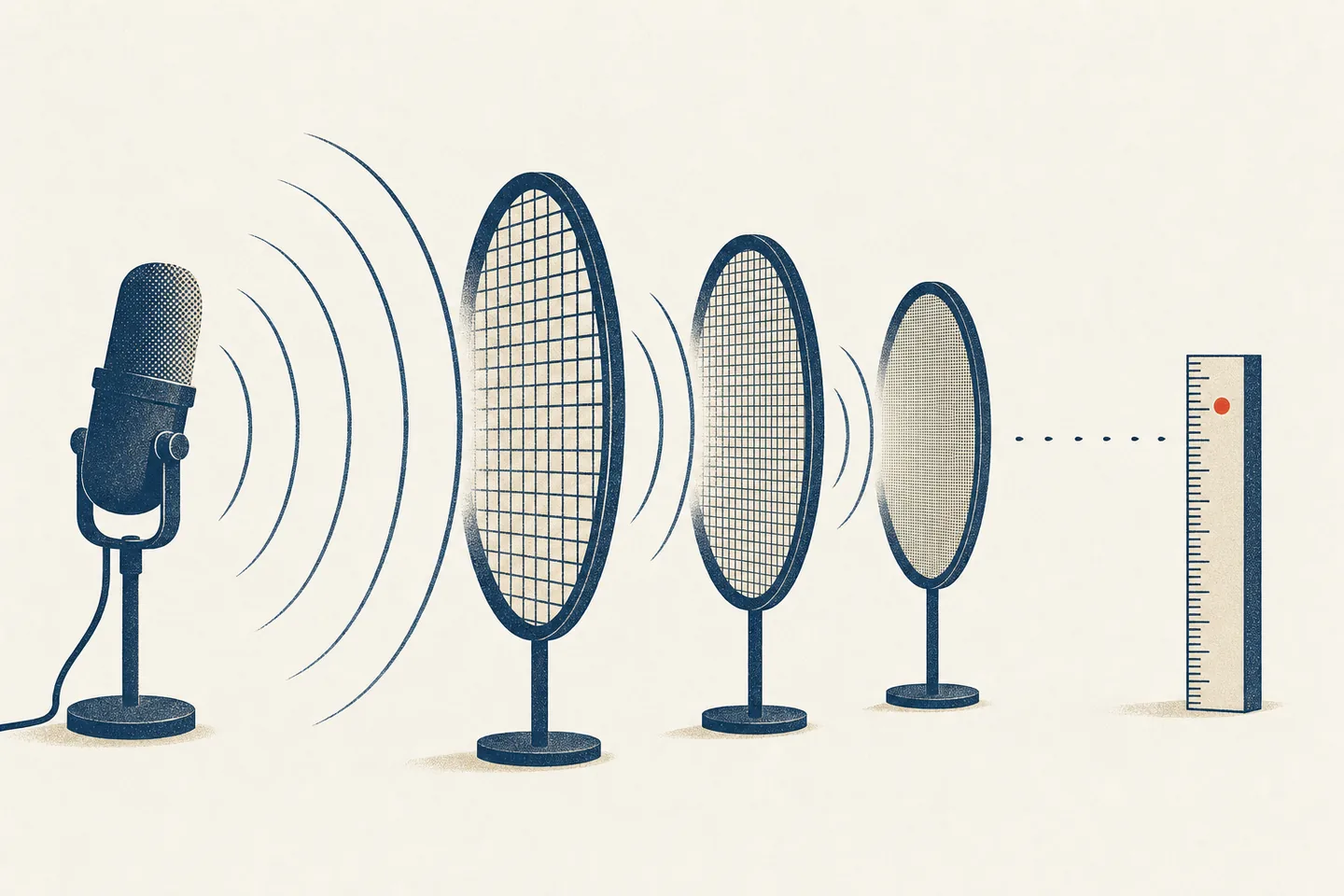 Editorial illustration: sound waves from a microphone pass through three increasingly fine sieve screens, with only a few marks reaching a measuring ruler on the far side.
