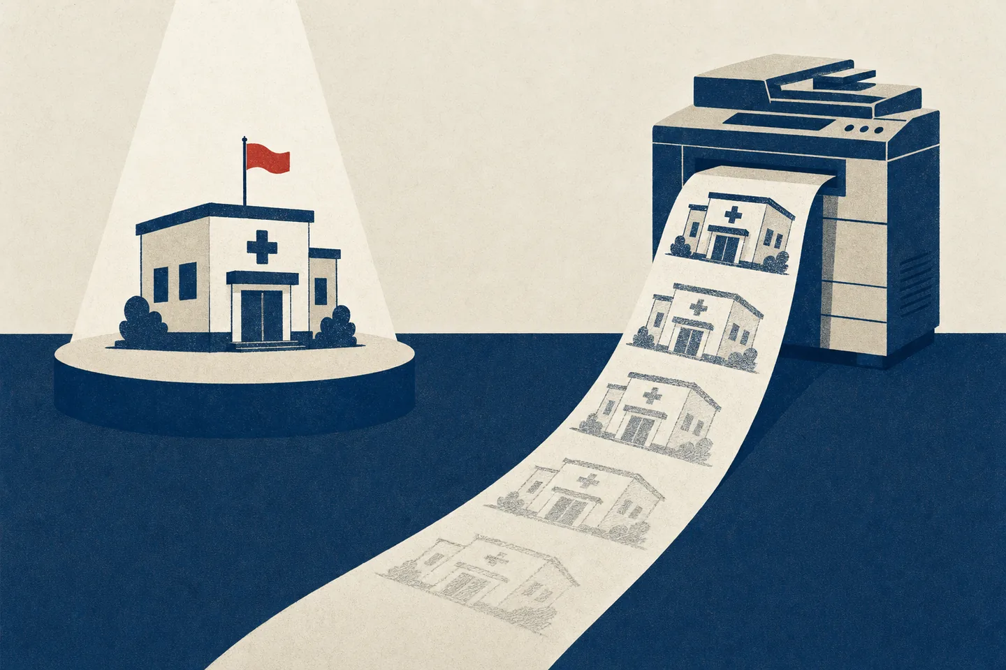Editorial illustration: a single clinic building under a spotlight, beside a machine printing a long strip on which the same building repeats, growing fainter and cruder with each copy.