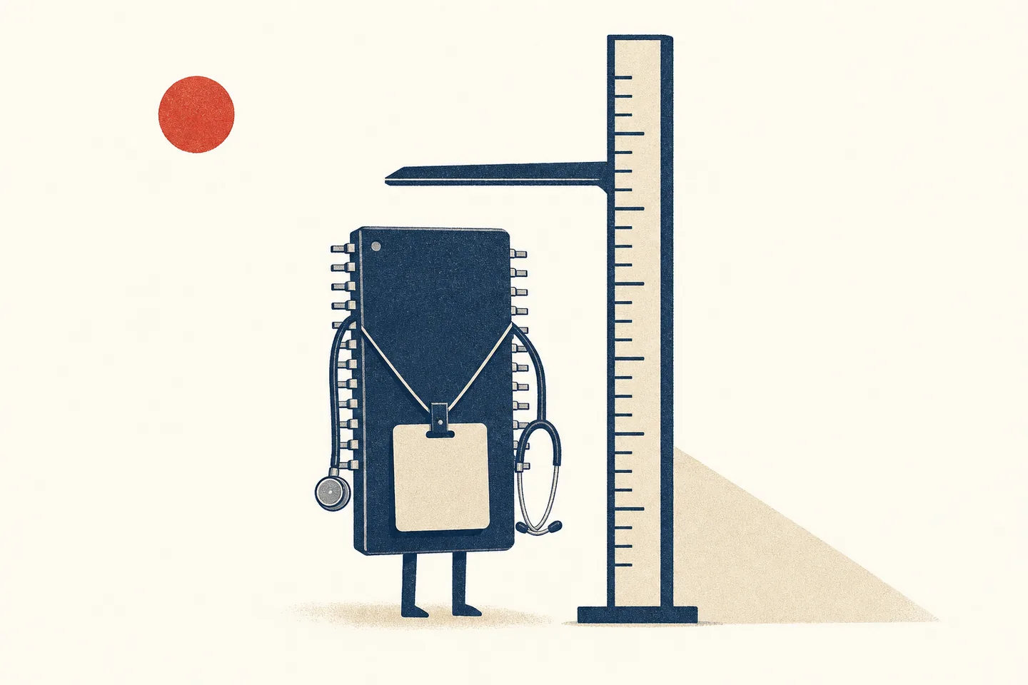 Editorial illustration: a computer chip stands upright wearing a blank clip-on ID badge and a stethoscope, being measured against a height stick.