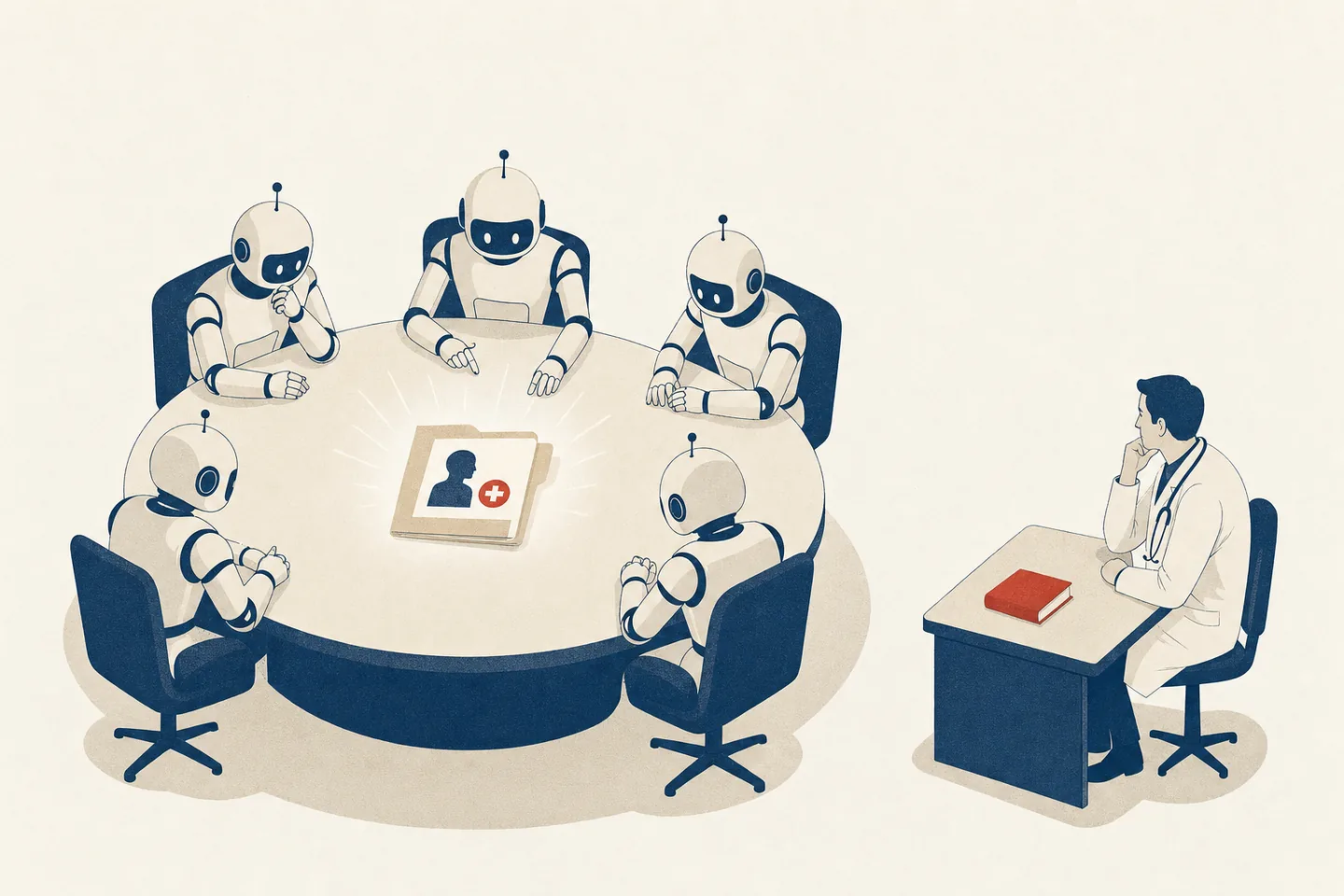 Editorial illustration: five identical robots confer around a round table over a single glowing patient file, while one human doctor sits alone at a smaller desk with one closed book.