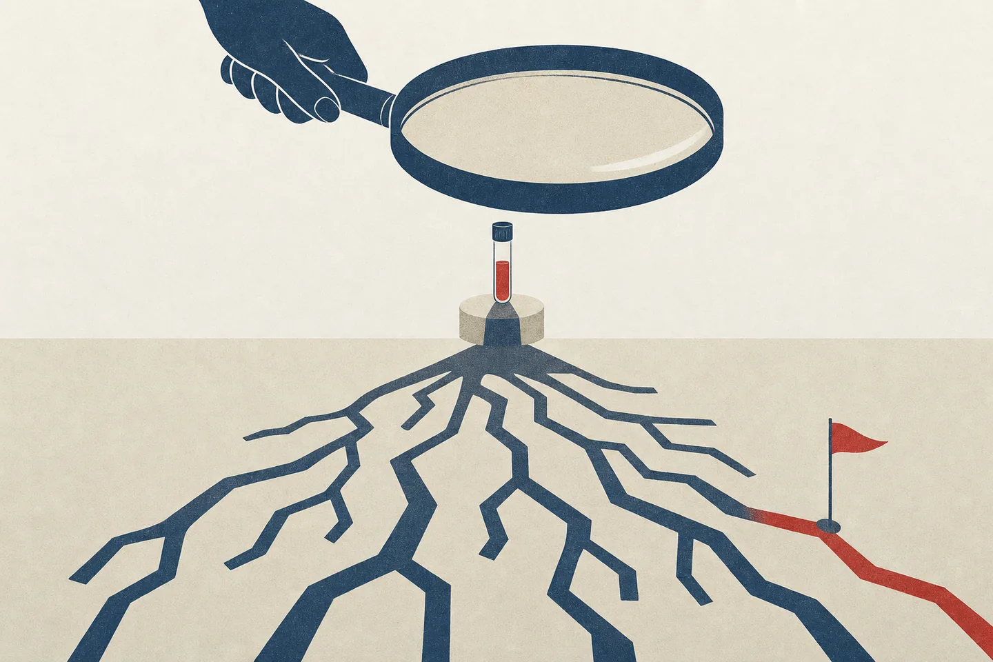 Editorial illustration: a single blood vial under a large magnifying glass casts a shadow that branches into many paths, only one of which reaches a small red flag.
