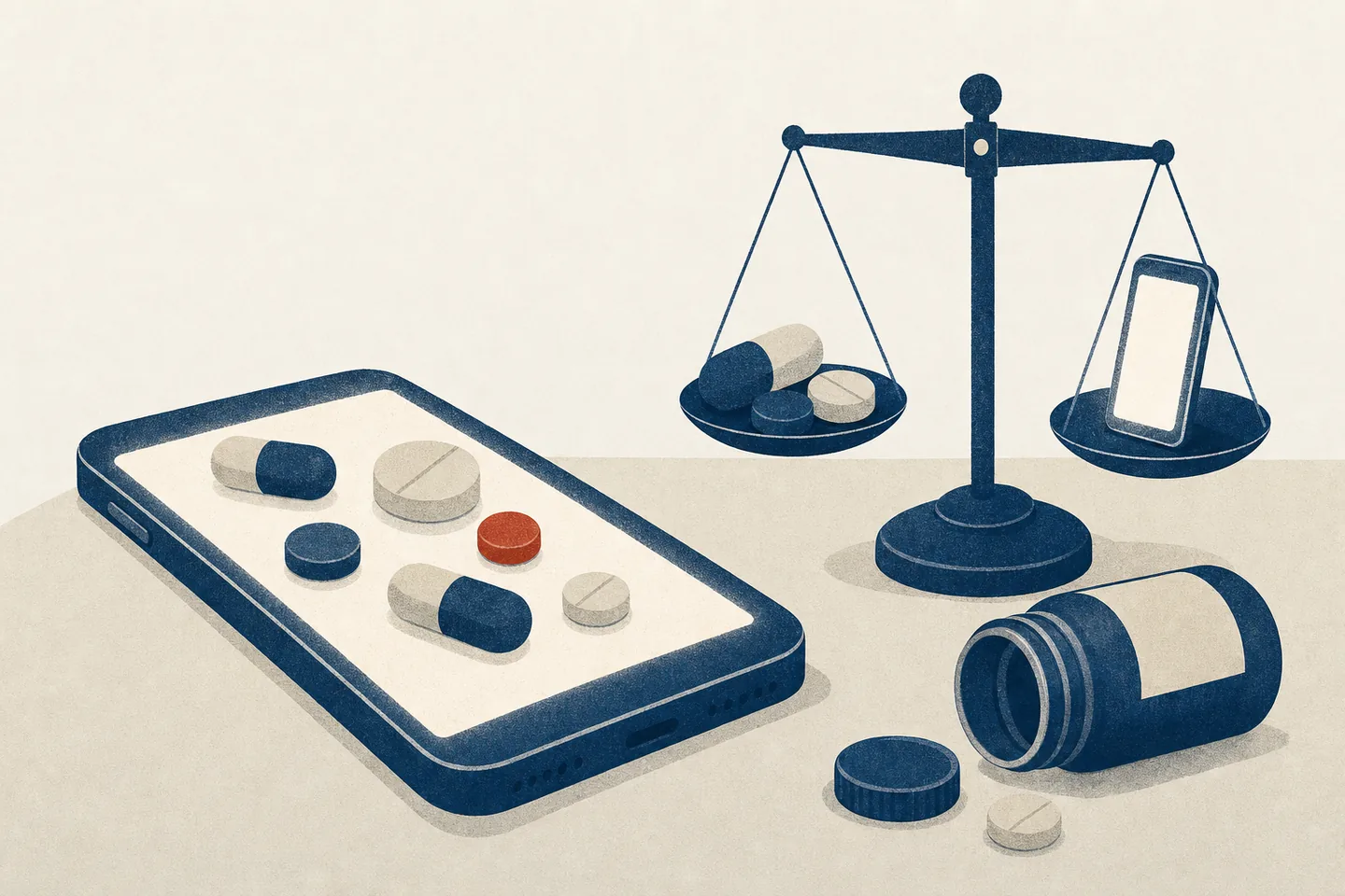 Editorial illustration: pills rest on the glowing screen of a smartphone lying flat like a tray, beside a small balance scale weighing pills against a phone.