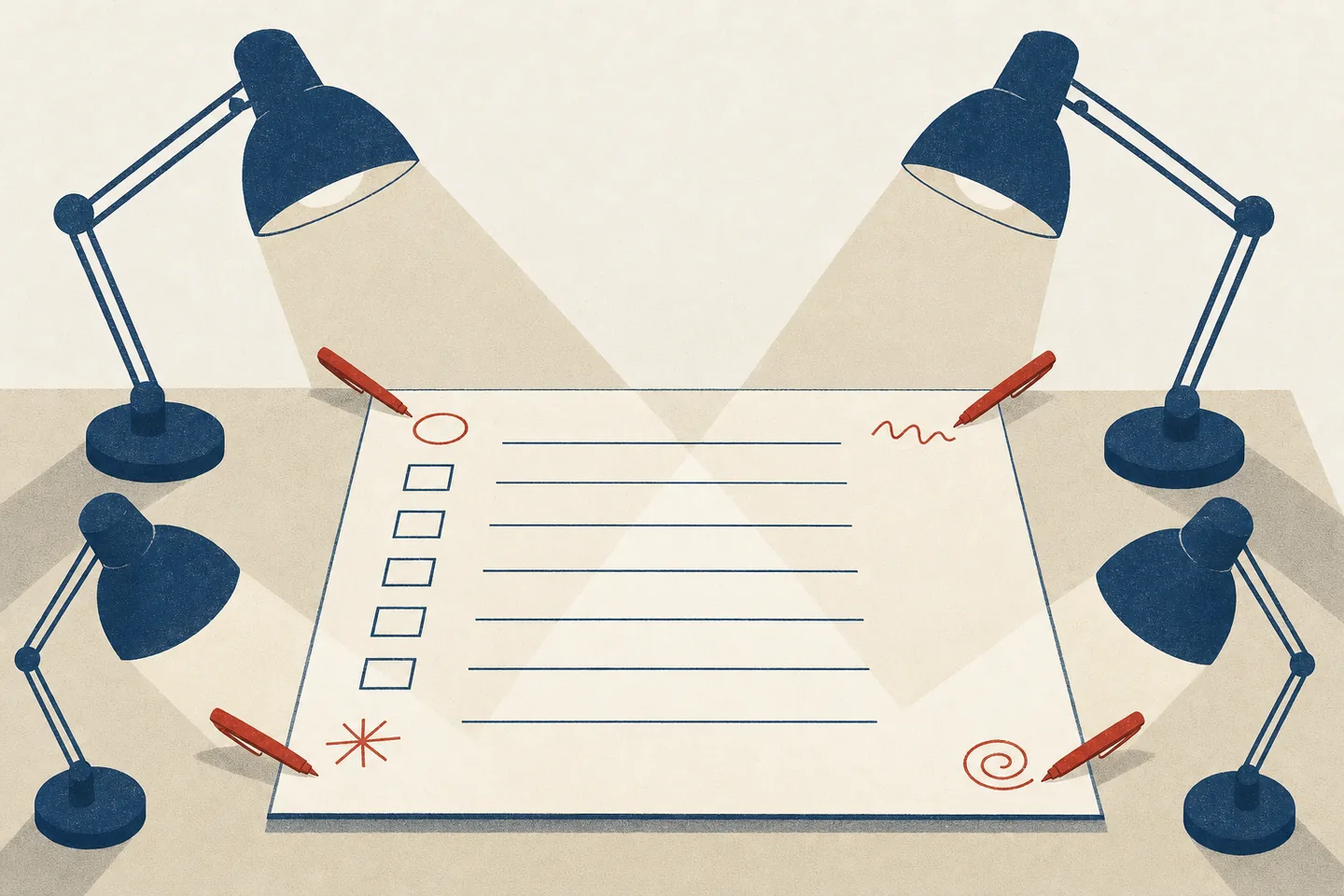 Editorial illustration: a single exam answer sheet on a desk, lit from four different angles by four desk lamps, with four red grading pens each leaving a different mark.