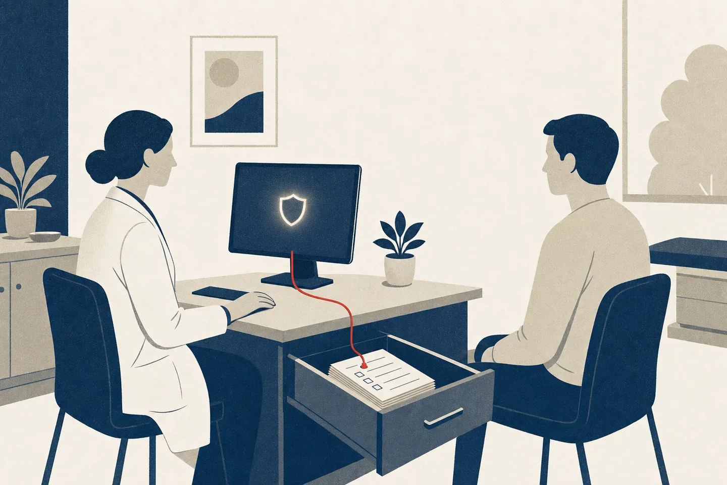 Editorial illustration: a clinician and a patient face each other across a clinic desk; a shield icon glows on the monitor and a red thread runs from it down into a drawer of paper checklists.